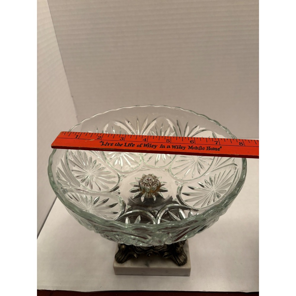 Vintage Cut Glass Pedestal Candy Dish Ornate Brass and Marble Base Centerpiece - Picture 4 of 5